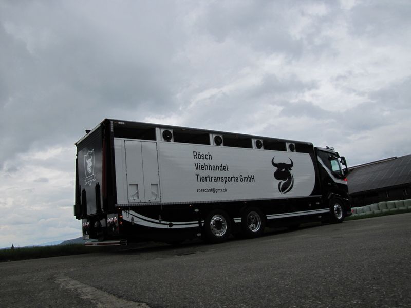 Ein schwarz-weisser Lastwagen steht am Strassenrand. Foto von der Rösch Tiertransporte GmbH