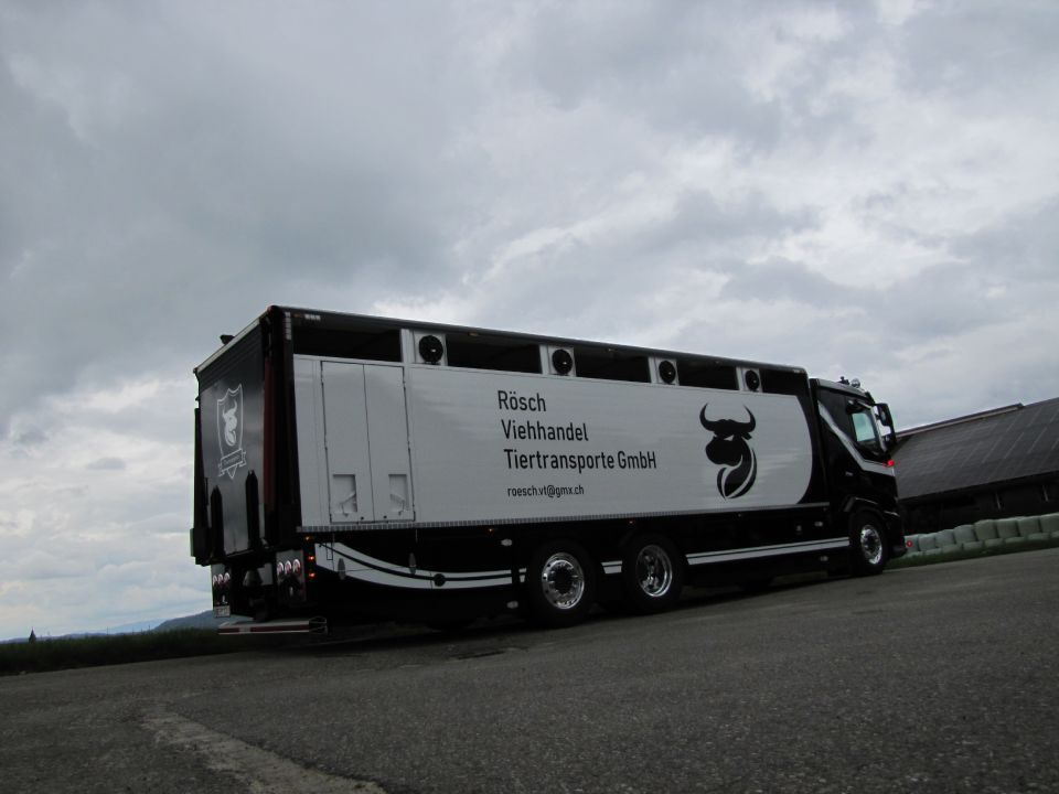 Ein weisser Lastwagen steht am Strassenrand. Foto von der Rösch Tiertransporte GmbH