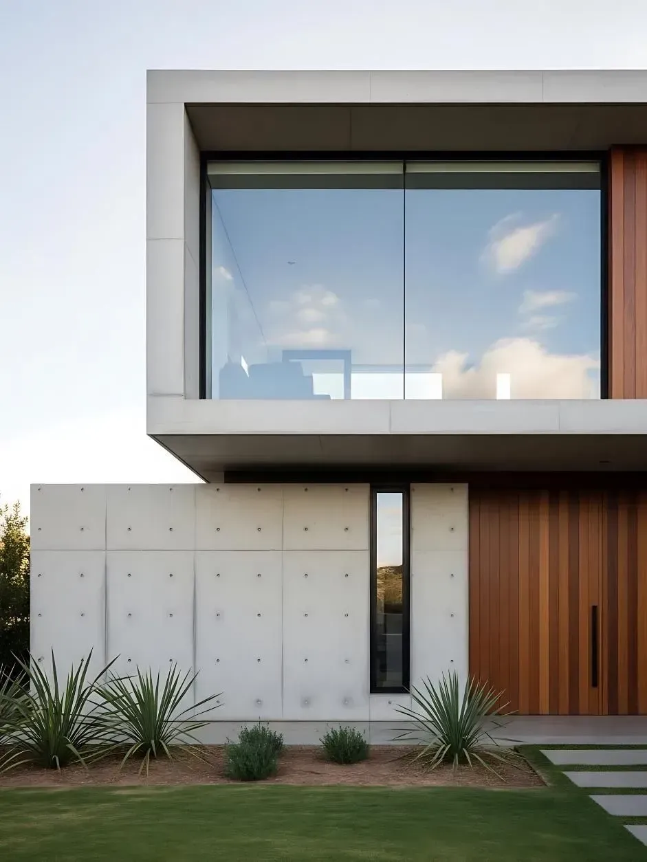 Casa moderna de dos plantas con grandes ventanales, fachada de hormigón y puerta de entrada de madera.