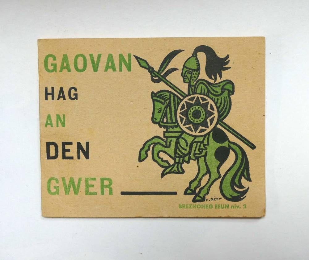 Affiche vintage beige avec un texte vert et un guerrier vert stylisé tenant un bouclier rond et une lance.