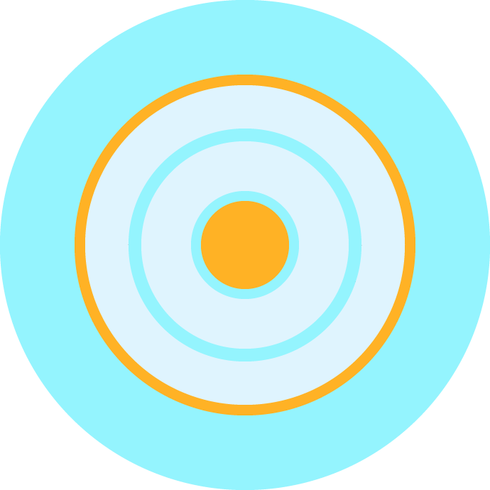 Cercles abstraits évoquant des cibles, en bleu, blanc et orange, sur fond bleu clair