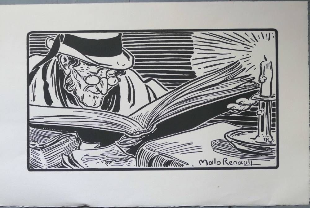Un sorcier lisant un livre ouvert près d’une bougie lumineuse, dans un style de dessin au trait noir et blanc très contrasté.