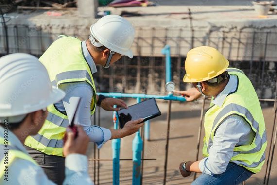 Bauarbeiter mit Schutzhelmen prüfen Pläne auf einem Tablet an einer Baustelle