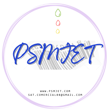 Logotipo con "PSMJET" en letras azules, fondo de c&oacute;digo de barras y gotas de colores encima.