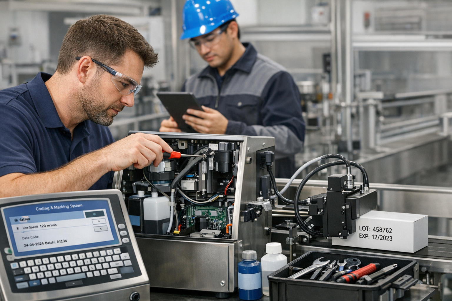 Dos técnicos inspeccionan la maquinaria en una fábrica limpia; uno de ellos utiliza una tableta y herramientas.