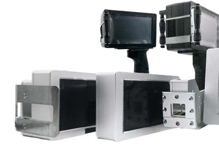 Equipo de impresión inkjet, carcasa gris claro, cabezales de impresión y pantalla de color negro.