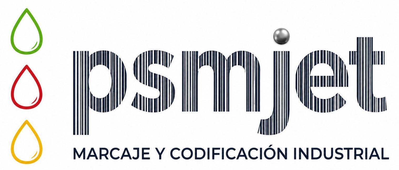 Logotipo azul escrito a mano &ldquo;PSMJET&rdquo; dentro de un c&iacute;rculo lila con peque&ntilde;os iconos de gotas de colores arriba.