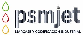 Logotipo azul escrito a mano “PSMJET” dentro de un círculo lila con pequeños iconos de gotas de colores arriba.