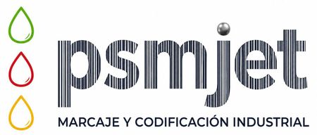 Logotipo azul escrito a mano “PSMJET” dentro de un círculo lila con pequeños iconos de gotas de colores arriba.