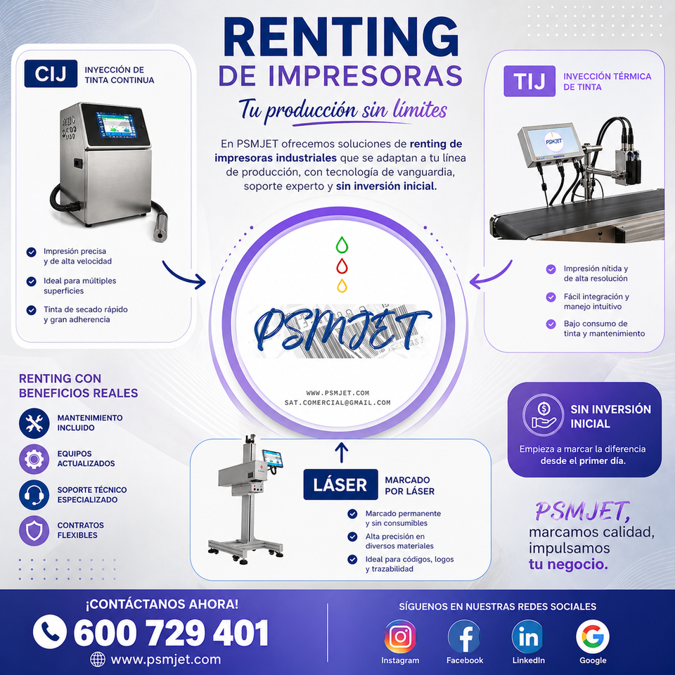 Flyer de alquiler de impresoras y equipos láser en blanco y morado, con información de contacto y redes sociales.