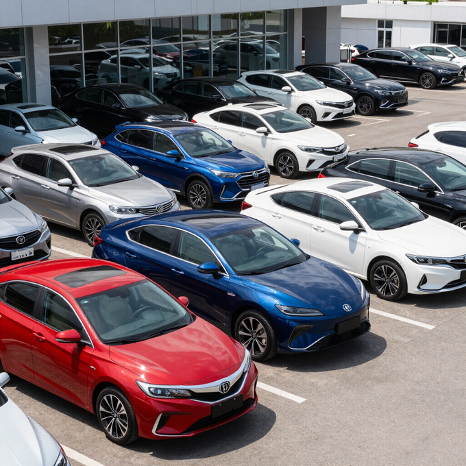 Filas de coches aparcados en el lote de un concesionario, incluyendo sedanes rojos, azules, blancos y plateados.