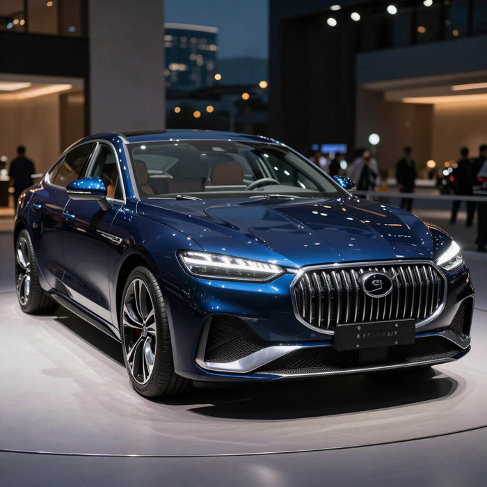 Sedán de lujo azul en exhibición en un salón del automóvil cubierto, vista frontal izquierda bajo luces brillantes.