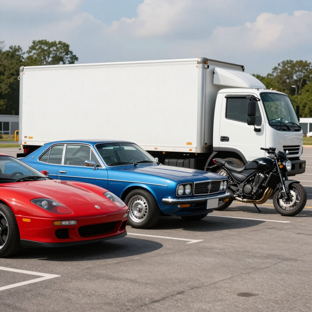 Un coche deportivo rojo, un coche clásico azul, una motocicleta y un camión blanco estacionados en un aparcamiento.