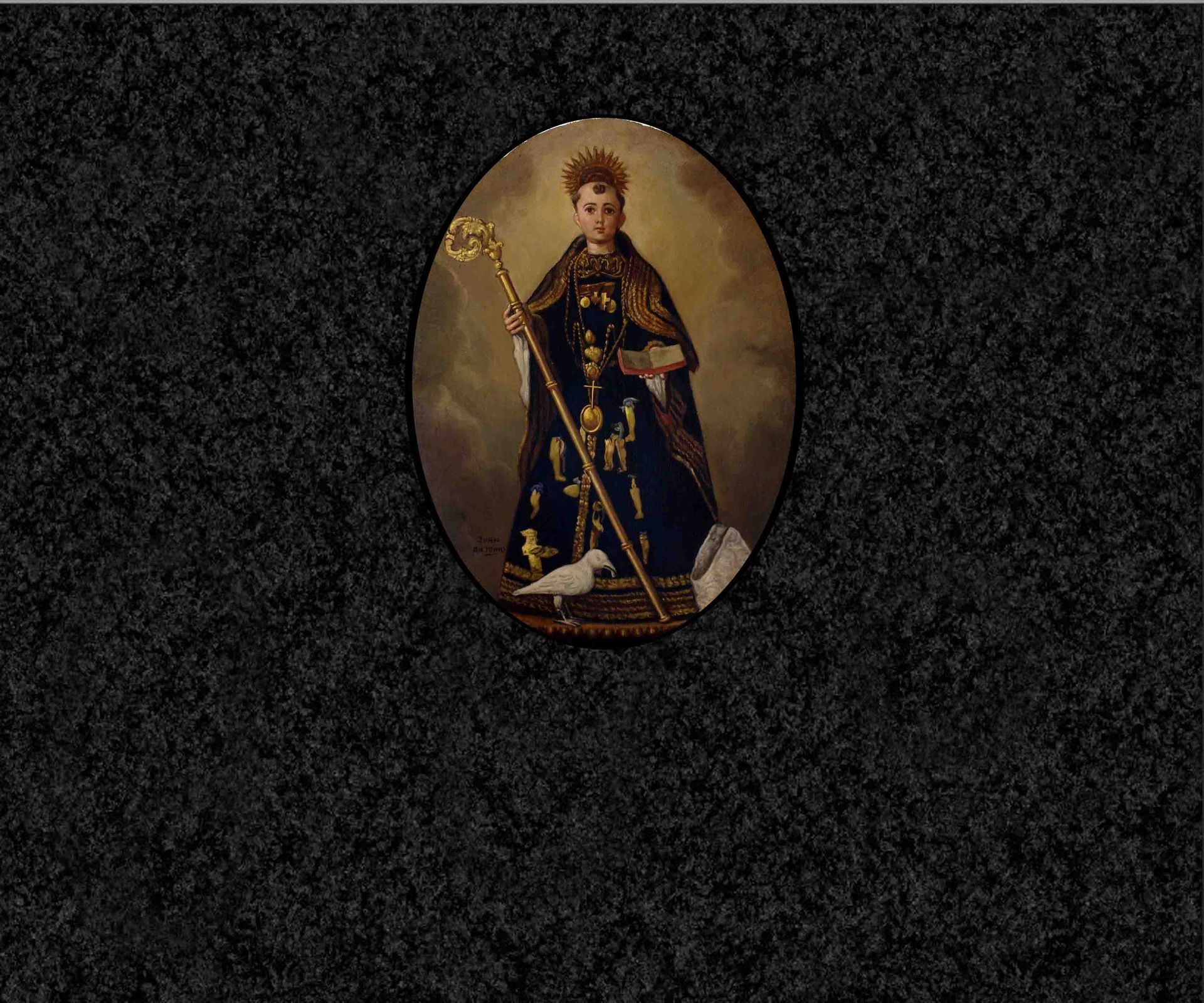 Una pintura de un hombre sosteniendo un bastón sobre un fondo negro.