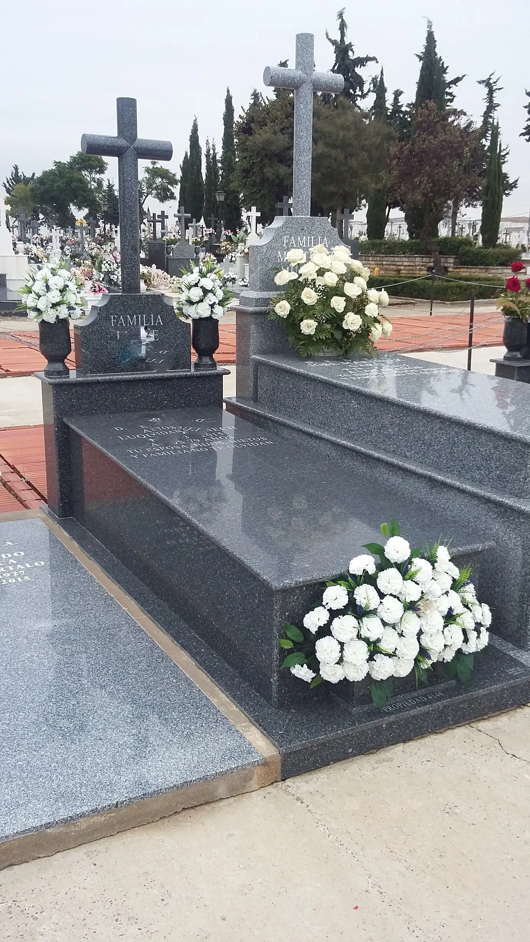 Una tumba con flores y una cruz en un cementerio.