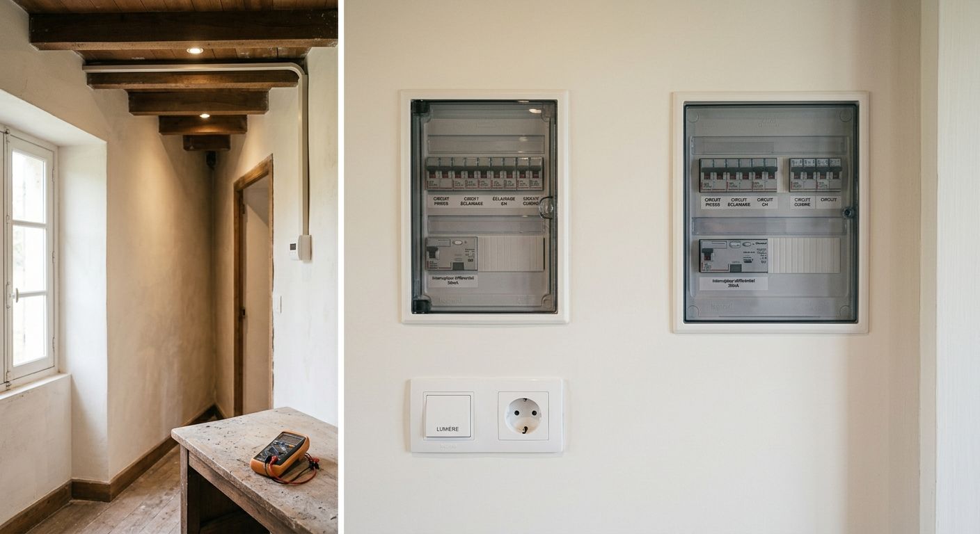 Mur intérieur avec deux tableaux électriques au-dessus d'un interrupteur