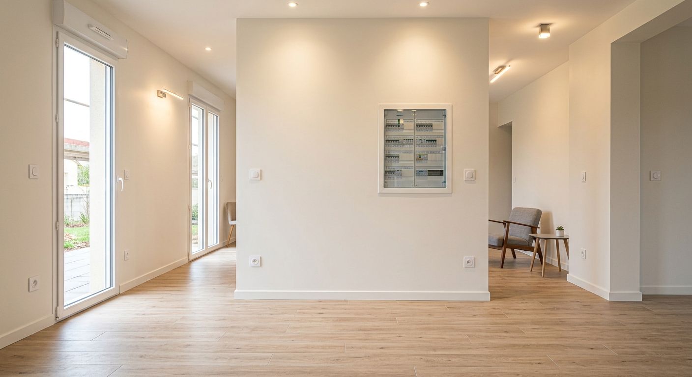 Salon moderne lumineux et vide, avec parquet, murs blancs, hautes fenêtres et petit coin repas.