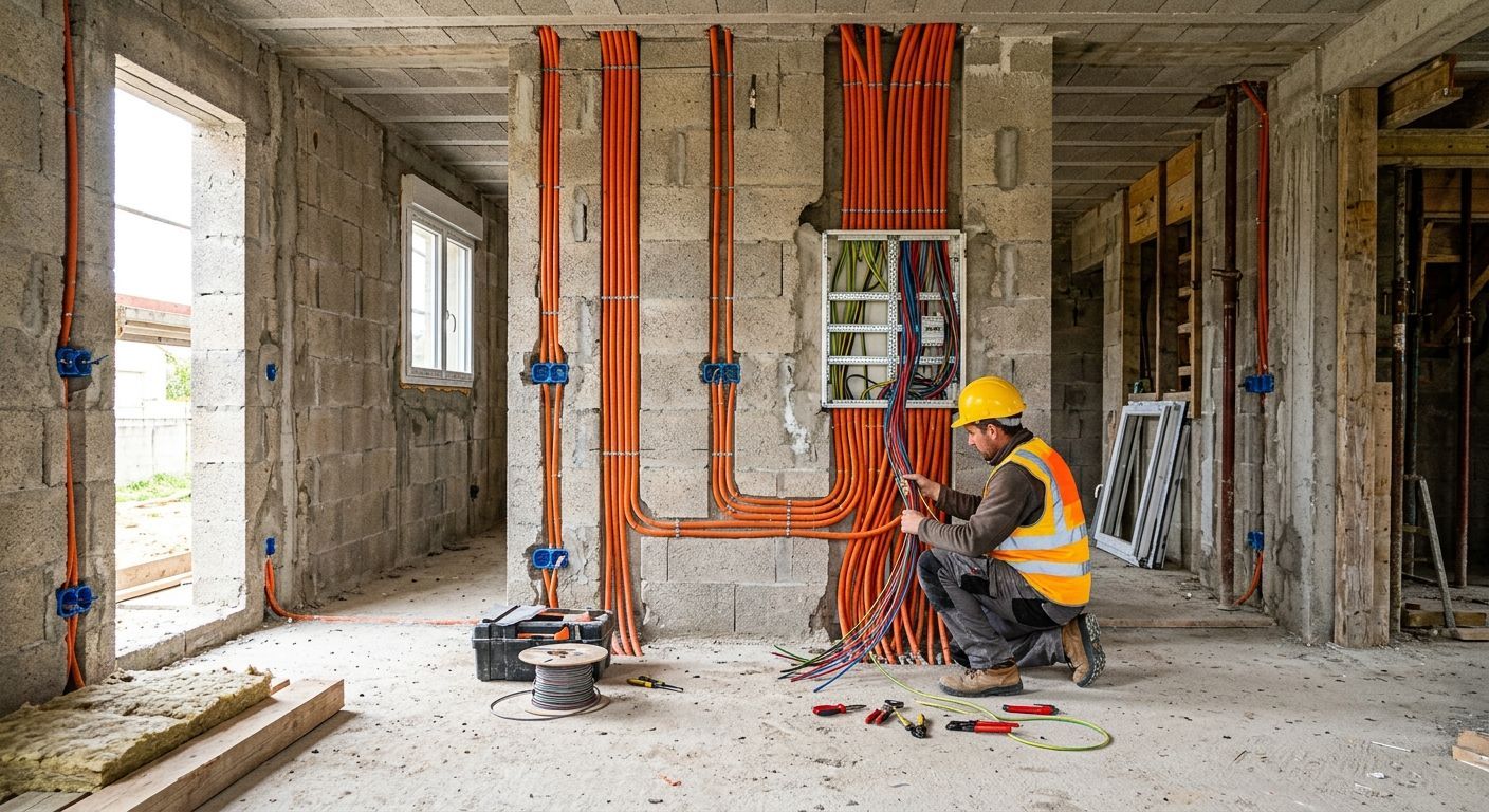 Un électricien effectue des travaux de câblage à l'intérieur d'un bâtiment en béton 