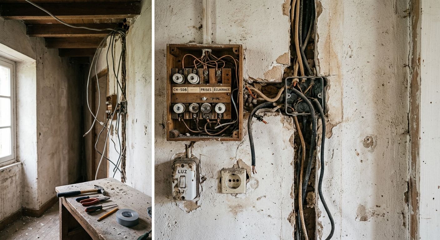 Tableau électrique endommagé avec fils dénudés sur un mur fissuré 