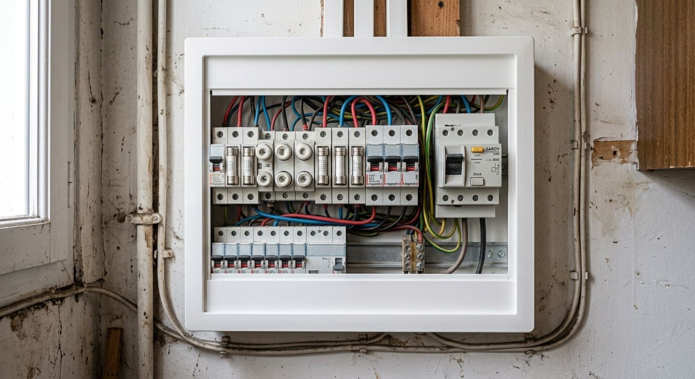 Tableau électrique ouvert avec disjoncteurs et câblage fixé au mur à l'intérieur