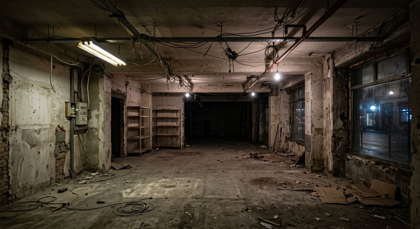 Pièce industrielle abandonnée et faiblement éclairée