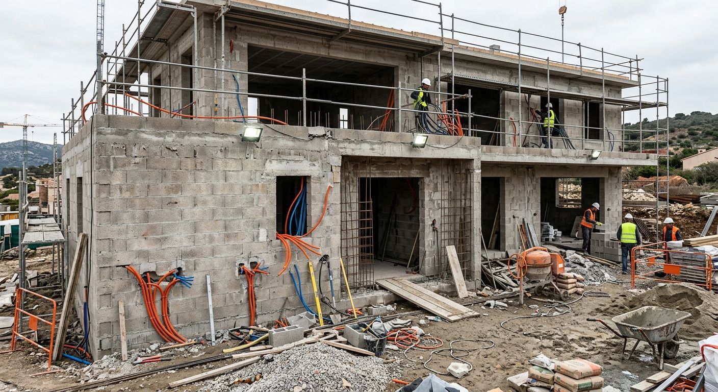 Maison en béton partiellement construite avec échafaudages