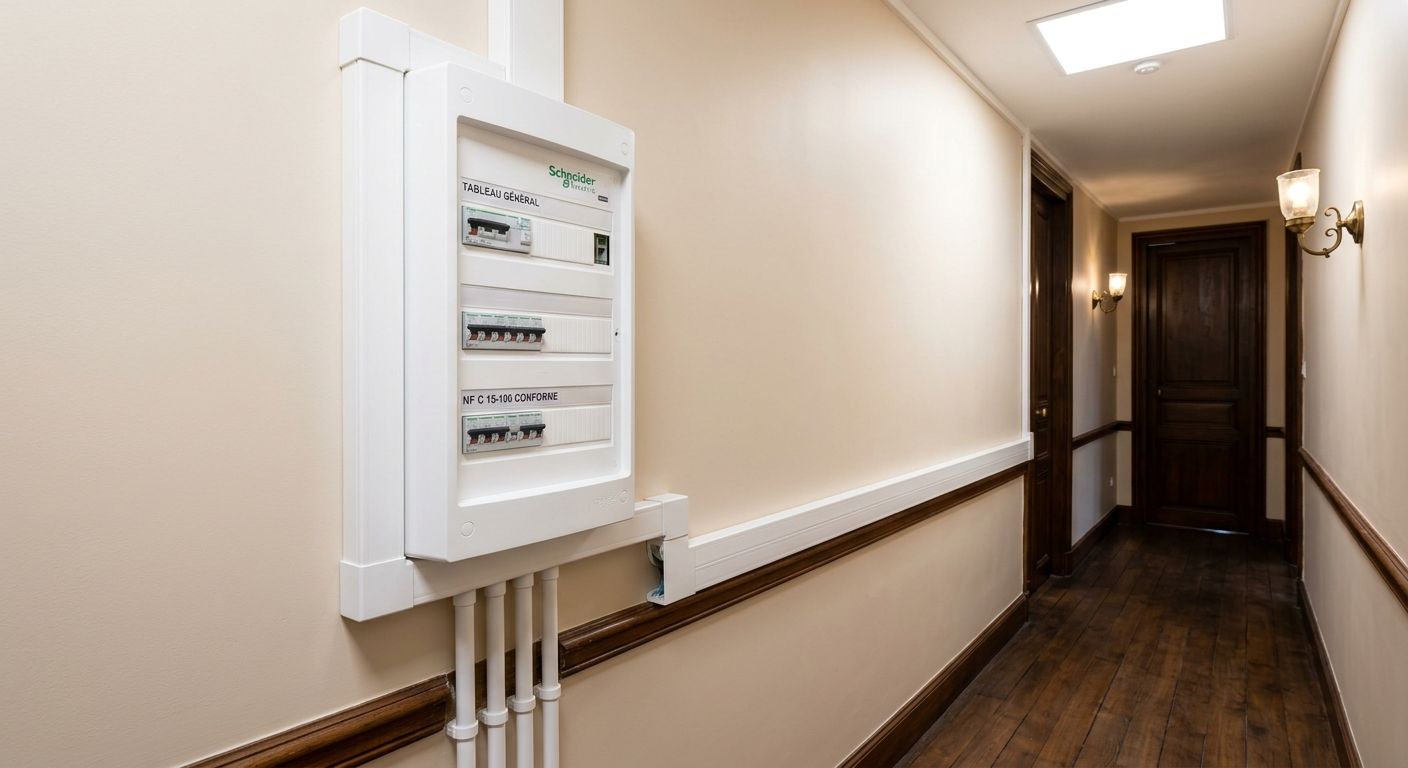 Couloir d'appartement avec un tableau électrique 