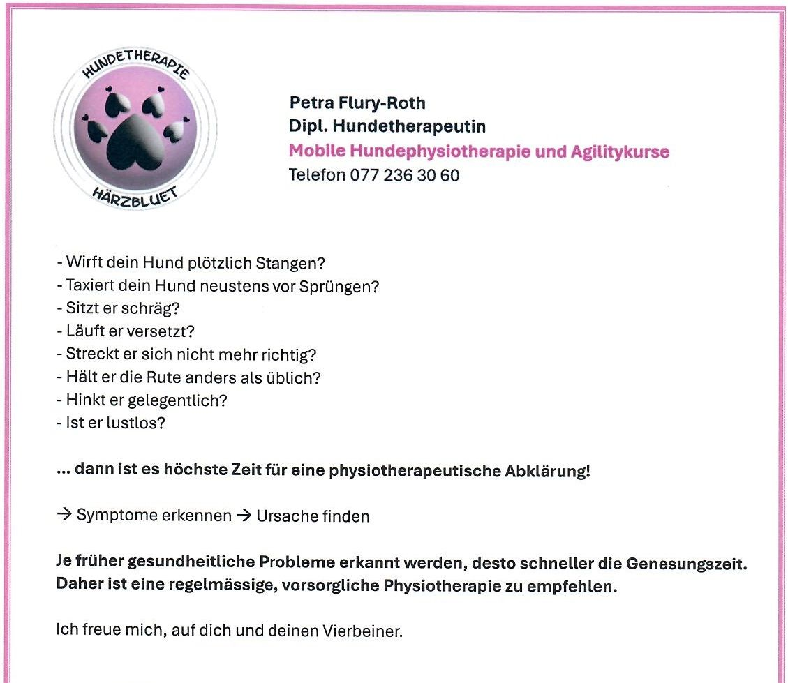 Flyer Hundetherapie Härzbluet mit Informationen zu mobilen Physiotherapieangeboten für Hunde