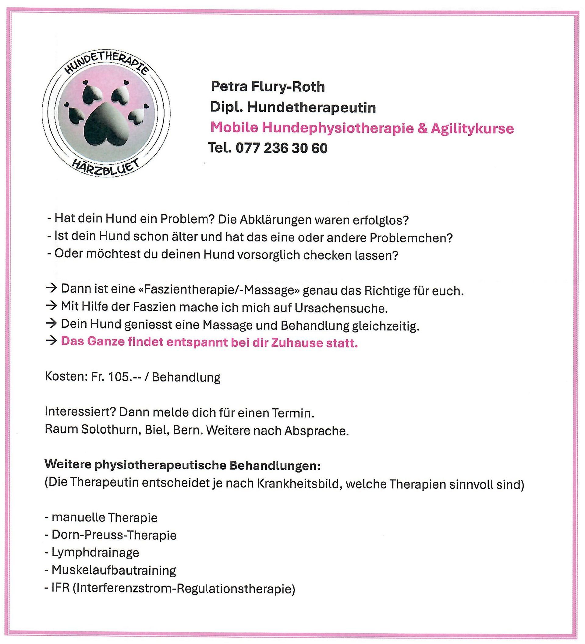 Flyer Hundetherapie Härzbluet mit Informationen zu mobilen Physiotherapieangeboten für Hunde
