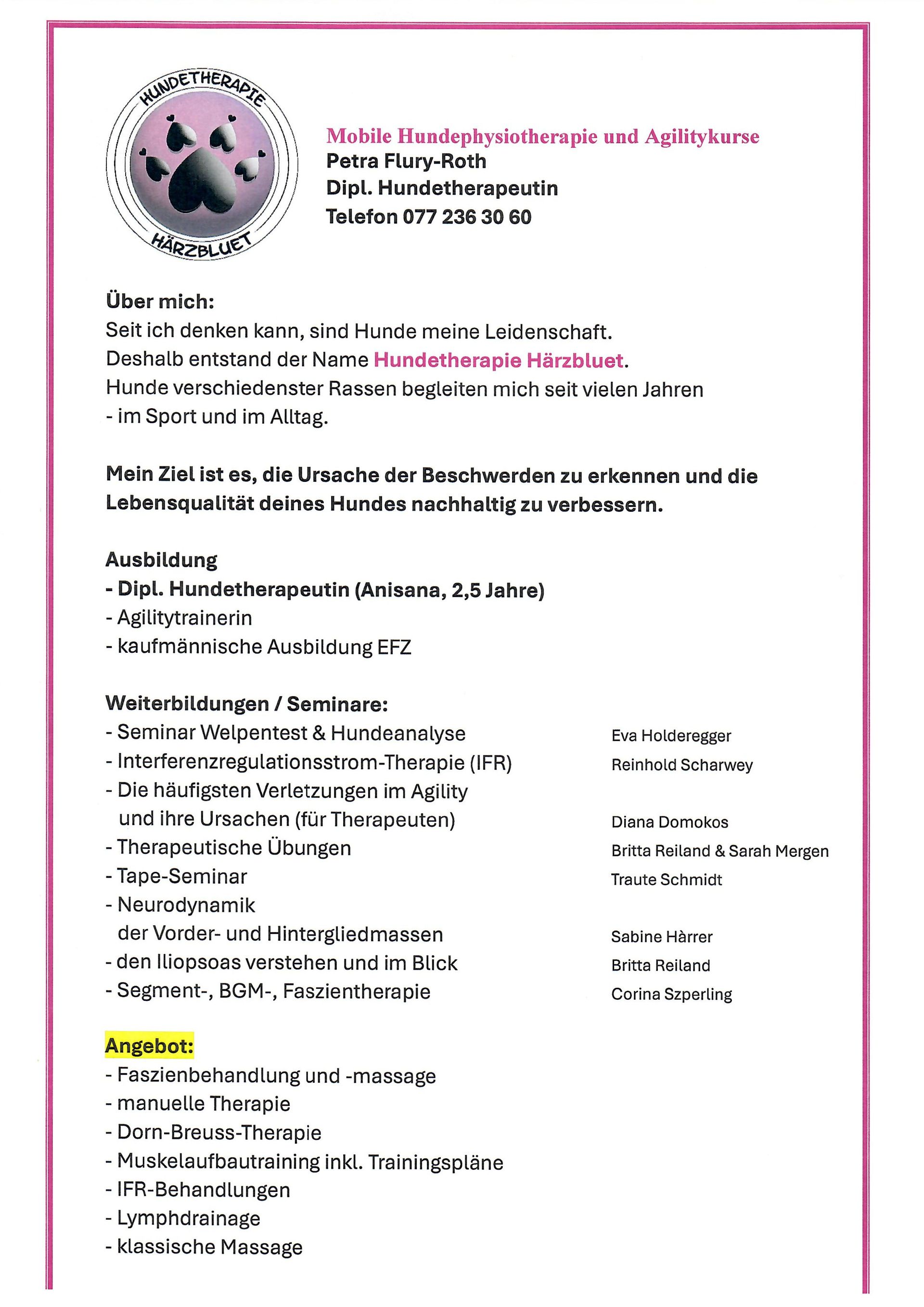 Informationsflyer Hundetherapie Härzbluet mit Vorstellung von Petra Flury und Ausbildung
