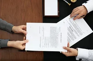 Dos personas intercambian documentos a través de una mesa, probablemente firmando un contrato.