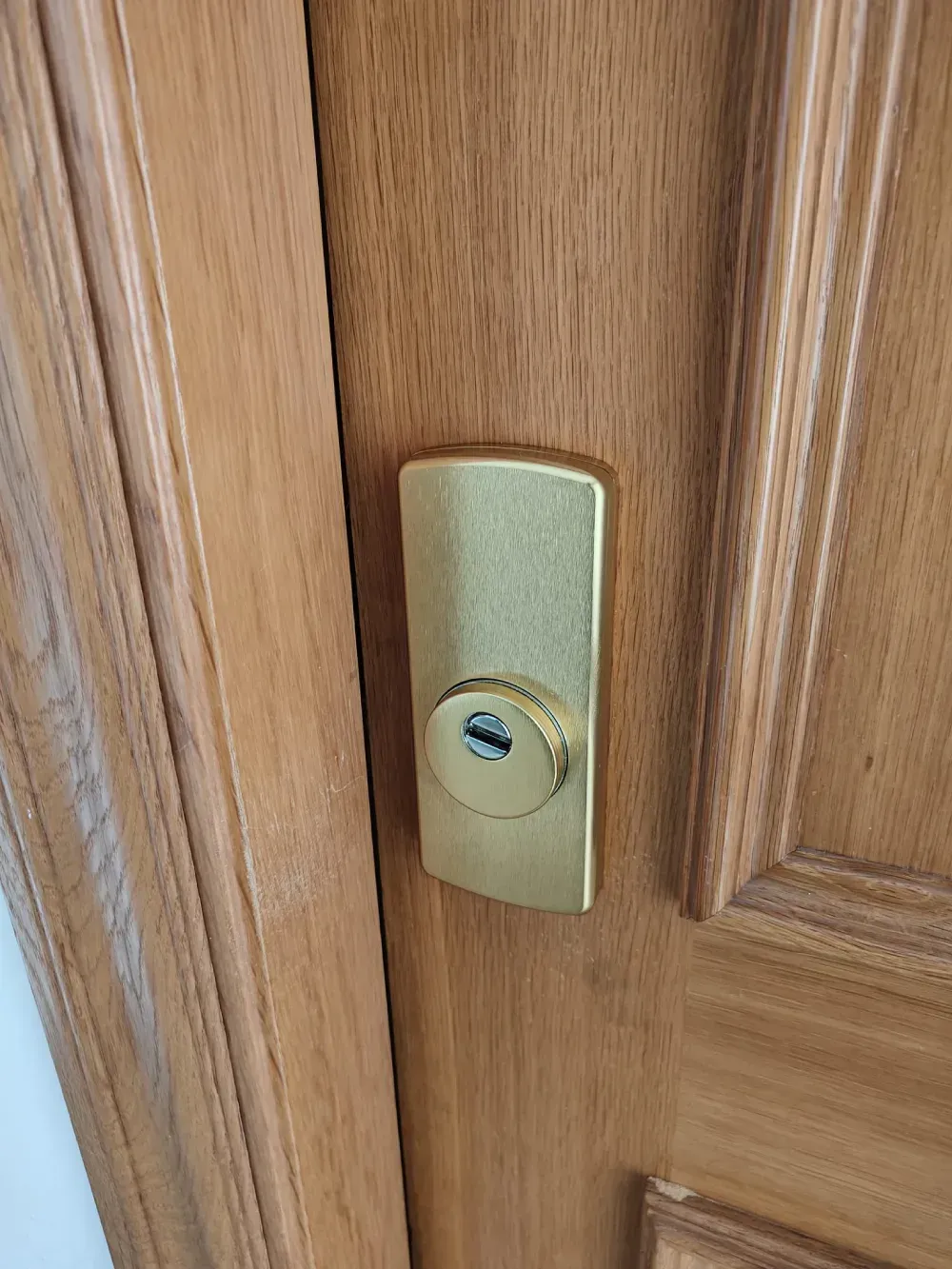 Imagen de una puerta marr&oacute;n siendo abierta por un cerrajero