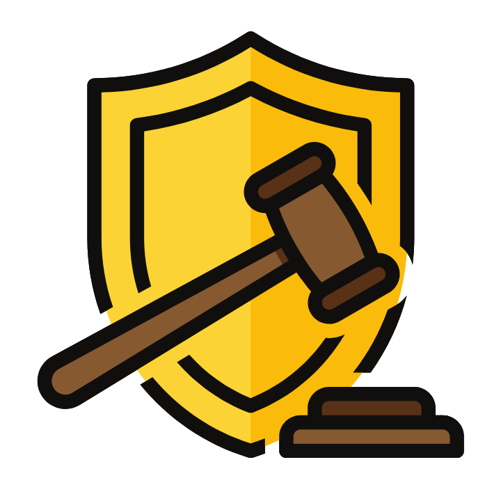 Escudo con mazo, simbolizando ley y protección.