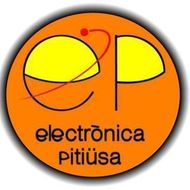 Logotipo para electrónica pitiüsa: círculo naranja, "eP" estilizado en amarillo con línea roja orbitando, texto debajo.