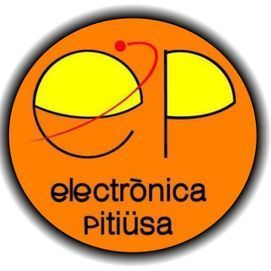 Logotipo para electrónica pitiüsa: círculo naranja, "eP" estilizado en amarillo con línea roja orbitando, texto debajo.