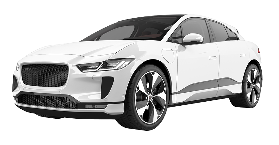 Auf weißem Hintergrund ist ein weißer Jaguar I Pace abgebildet.