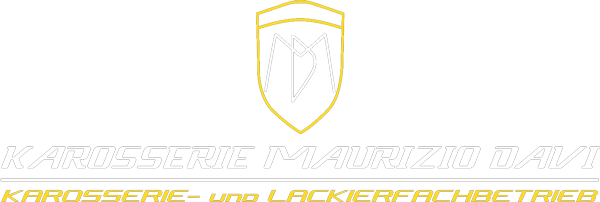 Ein weißes Logo mit einem gelben Schild und dem Wort „Karosserie“ darauf.