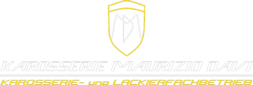 Ein weißes Logo mit einem gelben Schild und dem Wort „Karosserie“ darauf.