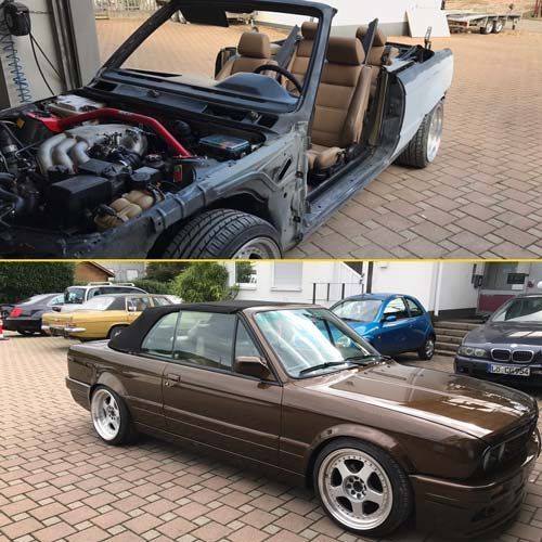 Ein Bild eines Autos mit offener Motorhaube und ein Bild eines Autos mit offener Motorhaube