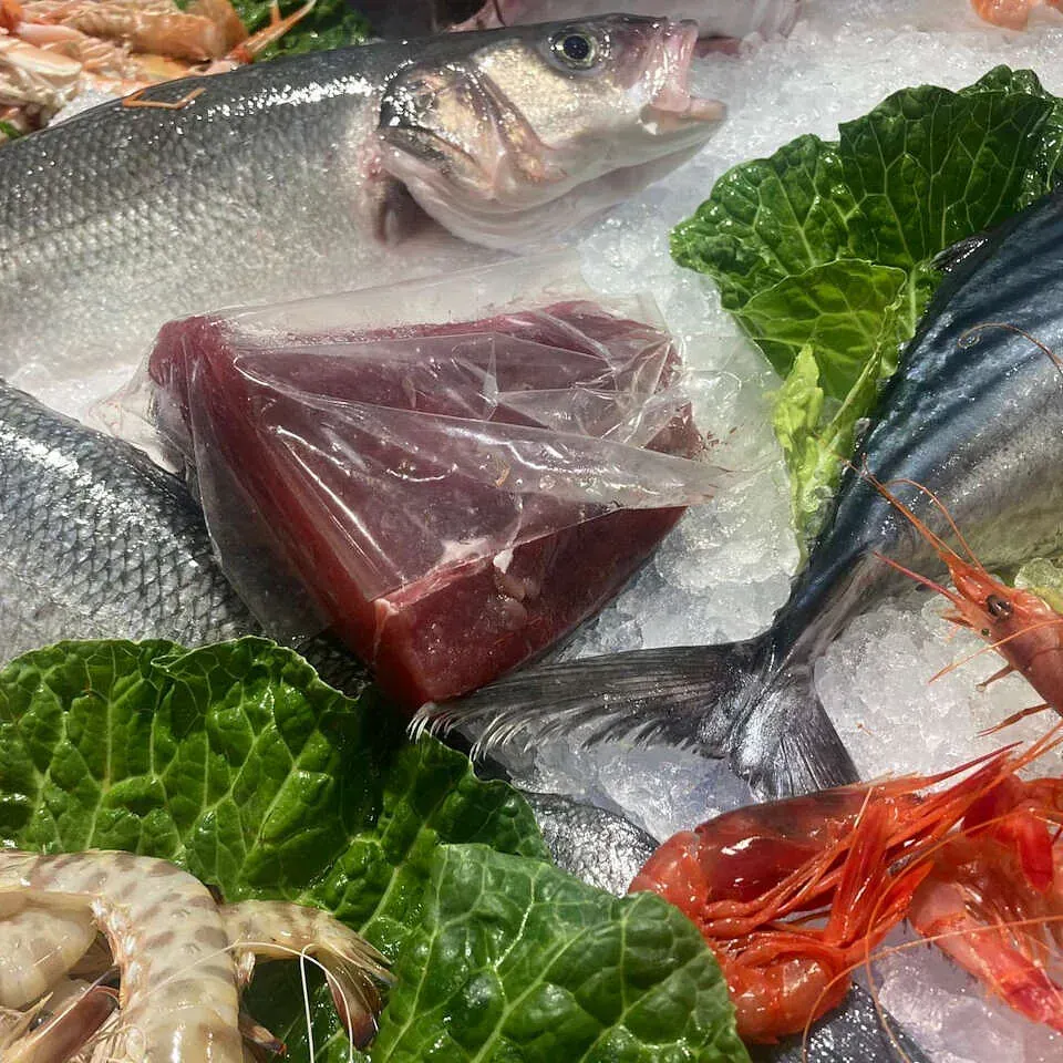 Una variedad de peces y camarones están sentados sobre el hielo.