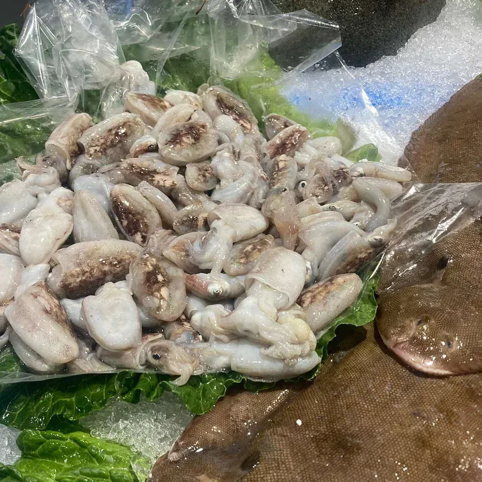 Una pila de calamares sobre hielo junto a un pez.