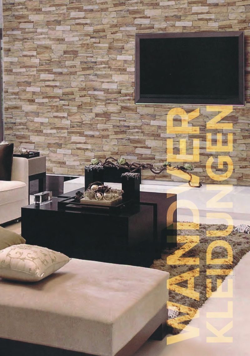 Wohnzimmer mit Steinwand, Fernseher, Möbeln und dem Schriftzug „Wandverkleidungen“.