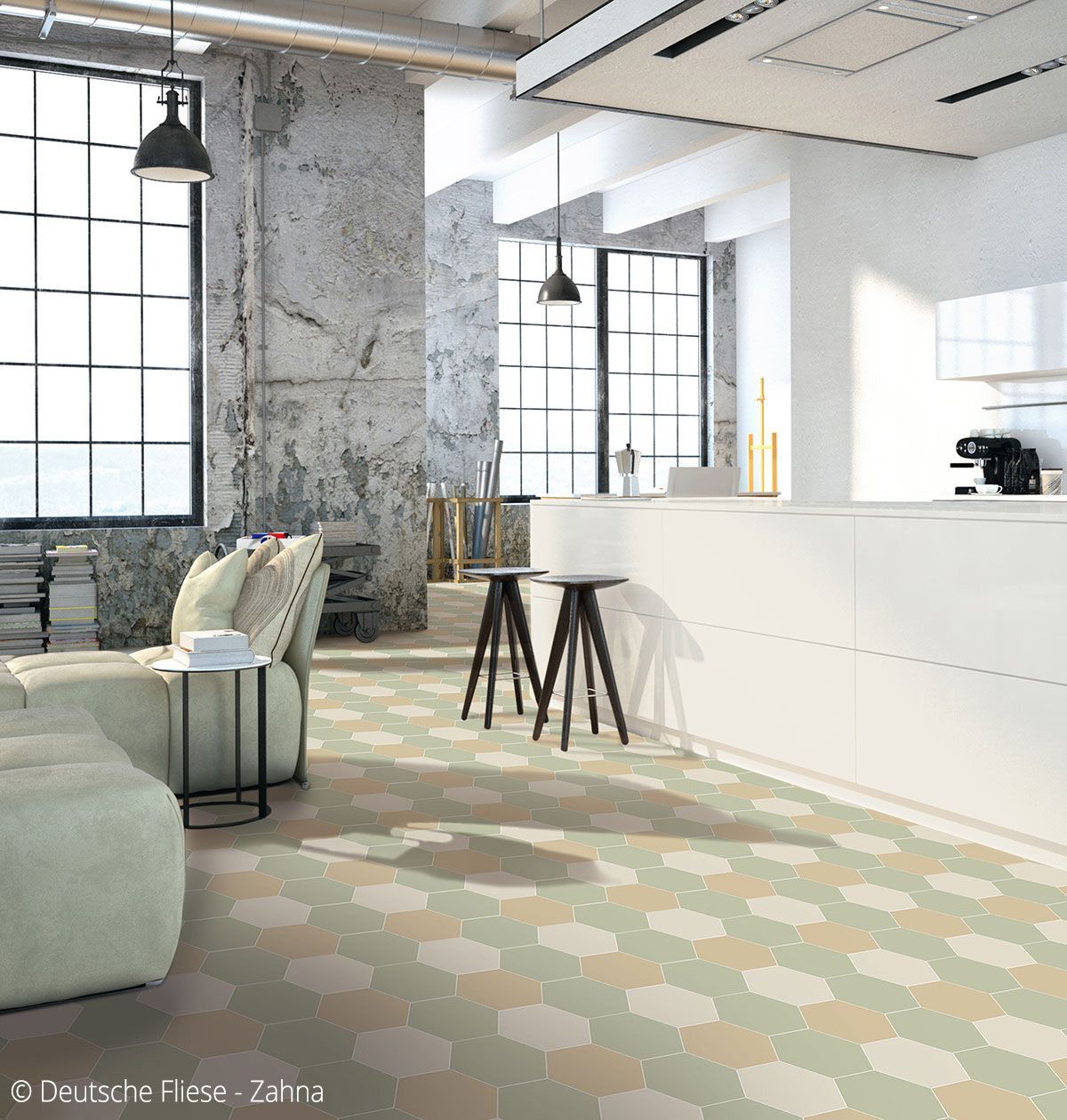 Moderne Küche mit hellgrün gemustertem Boden, weißen Schränken und Betonwänden im Used-Look.