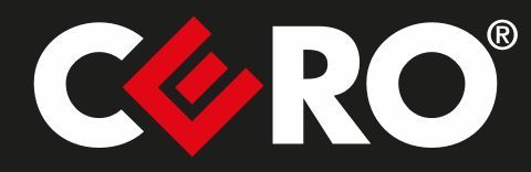 CARO-Logo mit einem roten rautenförmigen E und weißen Buchstaben auf schwarzem Hintergrund.