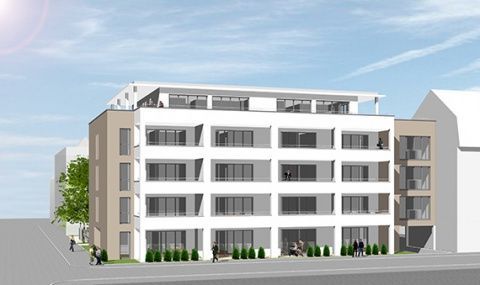 Visualisierung eines Mehrfamilienhauses mit weißen Balkonen und Dachterrasse, beigefarbenen Fassaden.