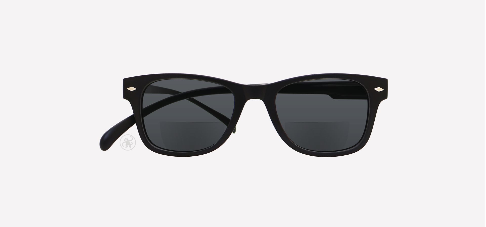 Eine schwarze Bifokal-Sonnenbrille auf weißem Hintergrund.