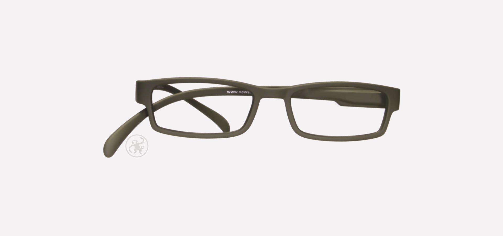 Olive farbene Lesebrille von vorne auf hellem Hintergrund.