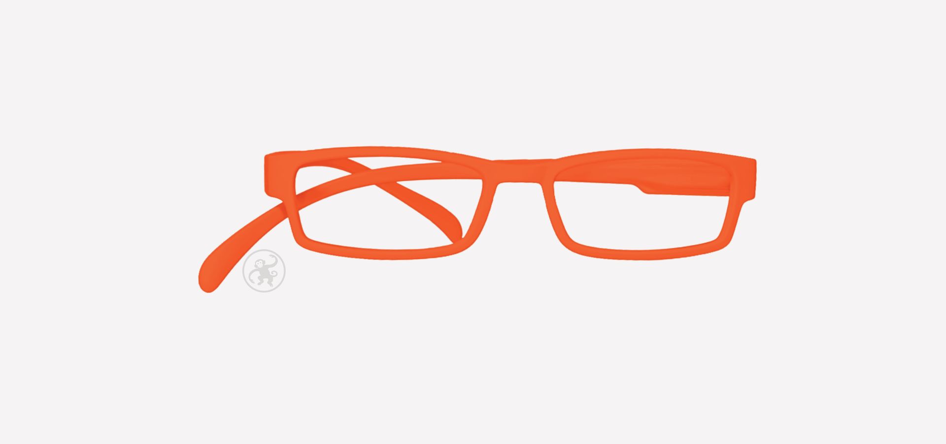 Orange farbene Lesebrille von vorne auf hellem Hintergrund.
