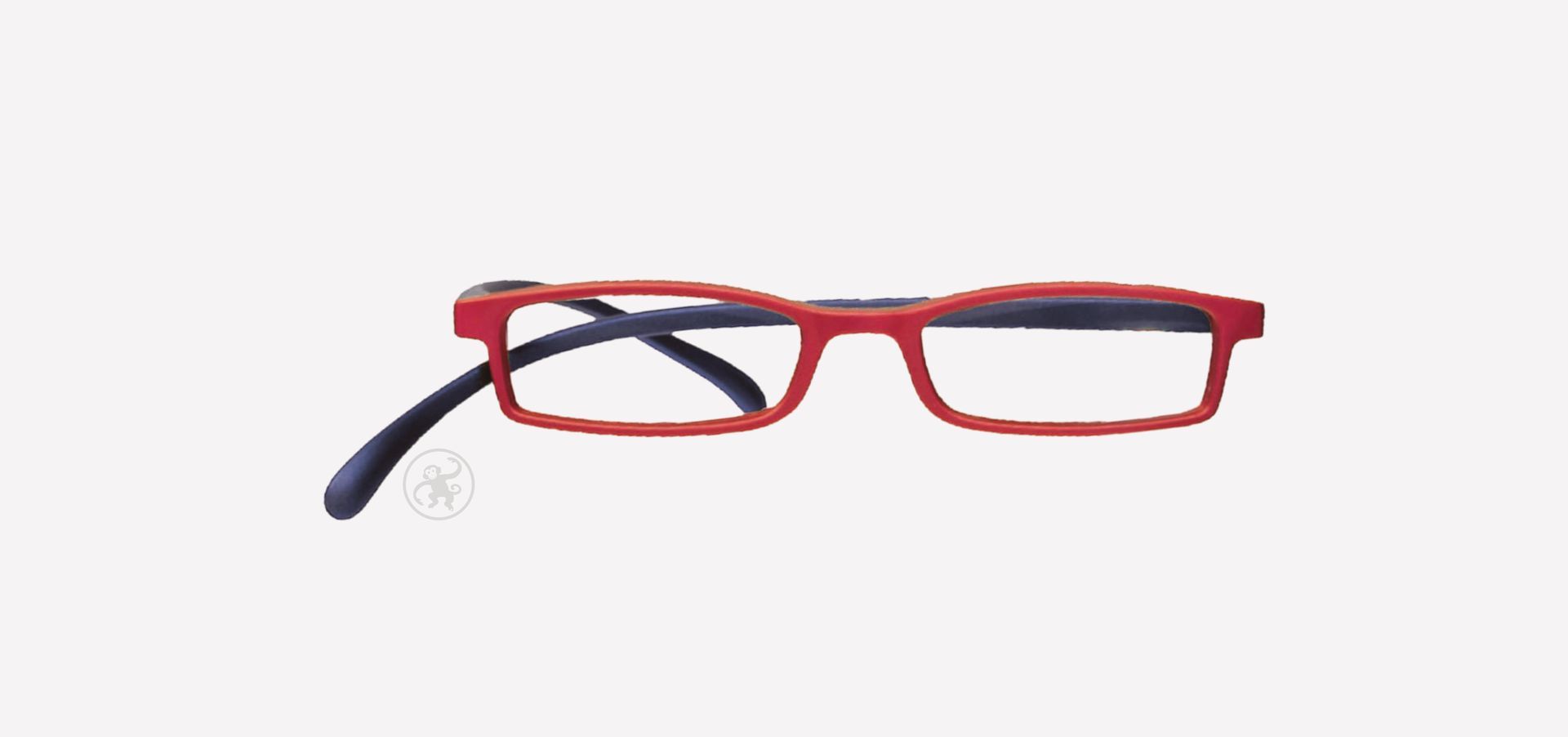 Eine rot-blaue Brille auf weißem Hintergrund.
