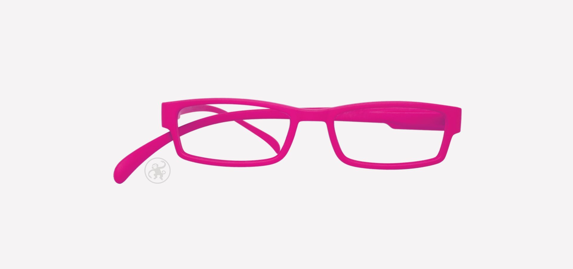Pinke Lesebrille von vorne auf hellem Hintergrund.Gelbe Lesebrille von vorne auf hellem Hintergrund.